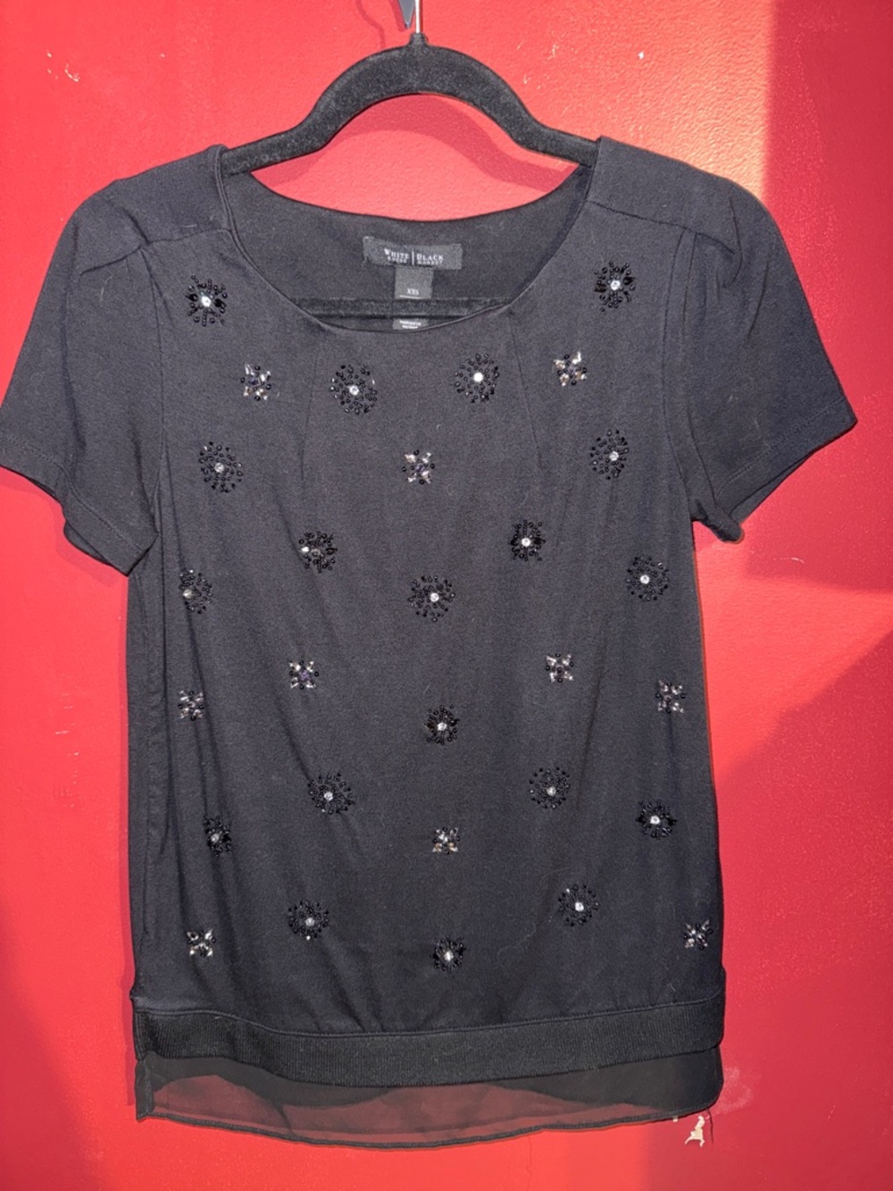 White House Black Market Black Short-Sleeve Beaded Floral Tee